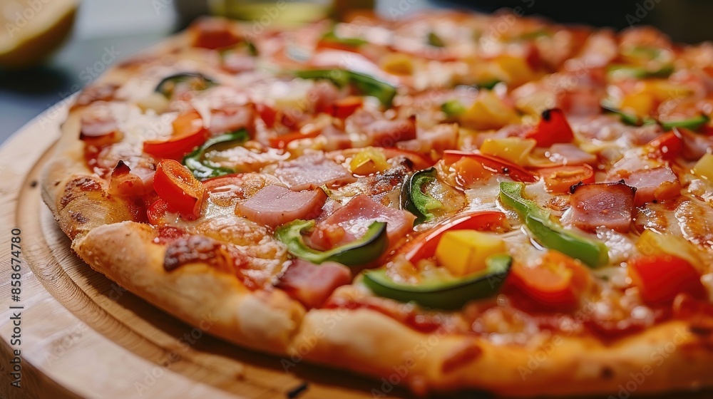 Close up of a tasty homemade pizza with veggies and ham on a white surface Close up of a tasty homemade pizza with veggies and ham on a white surface