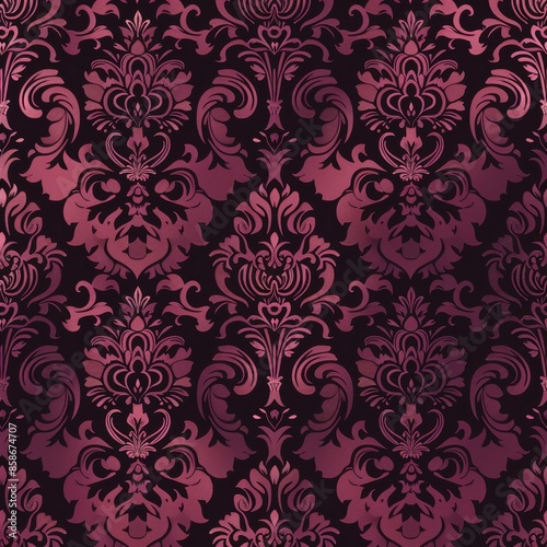 Generate a repeating damask pattern showcasing ornate medallion motifs. Use a single color like deep burgundy. The design should be rich and decorative, suitable for formal fabric applications.