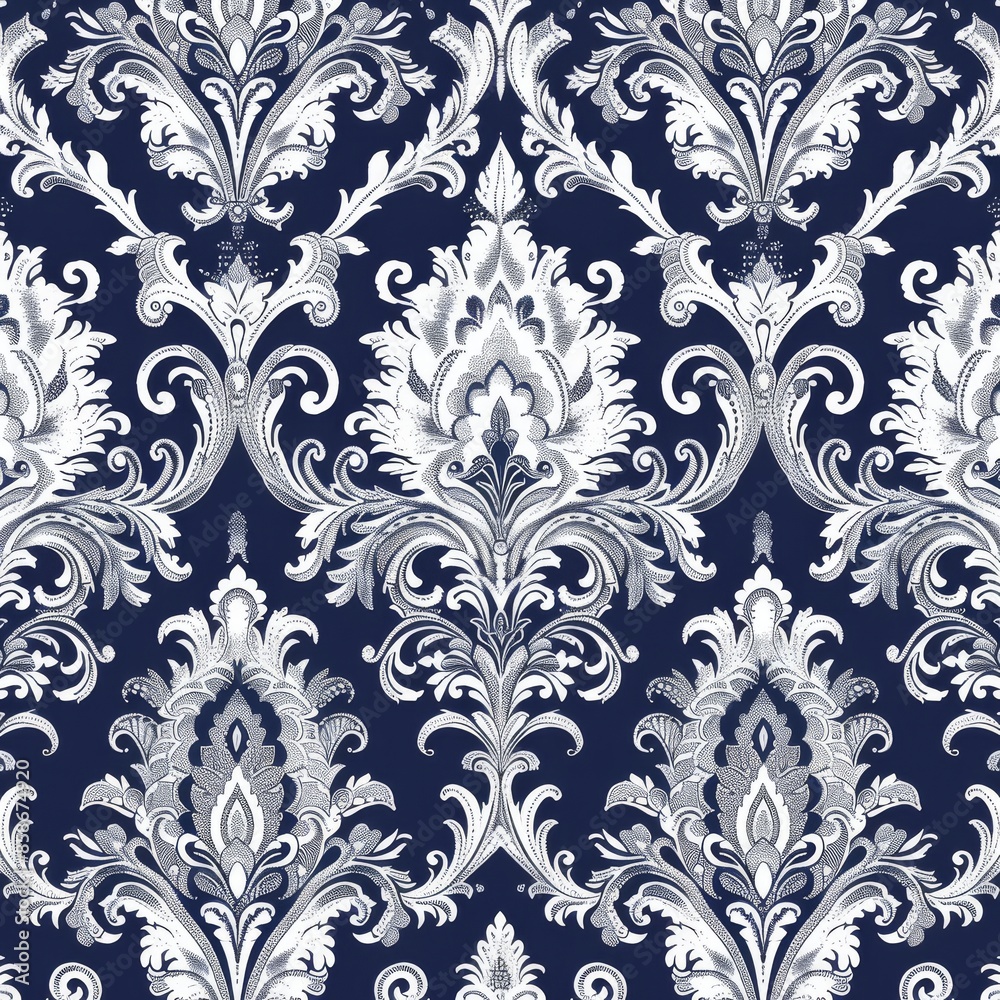 Create a repeating damask pattern with delicate paisley elements. Use a two-color palette with white and navy blue. The pattern should be elegant and refined, perfect for luxurious home decor fabrics. Create a repeating damask pattern with delicate paisley elements. Use a two-color palette with white and navy blue. The pattern should be elegant and refined, perfect for luxurious home decor fabrics.