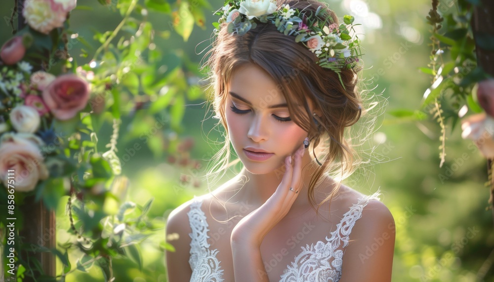 A stunning bride in a lace wedding dress in a rustic outdoor setting A stunning bride in a lace wedding dress in a rustic outdoor setting