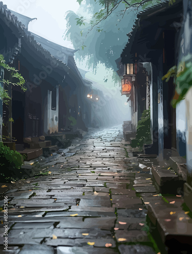 Misty Alleyway in an Asian Village: A Narrow Pathway Flanked by Traditional Houses and Lush Greenery