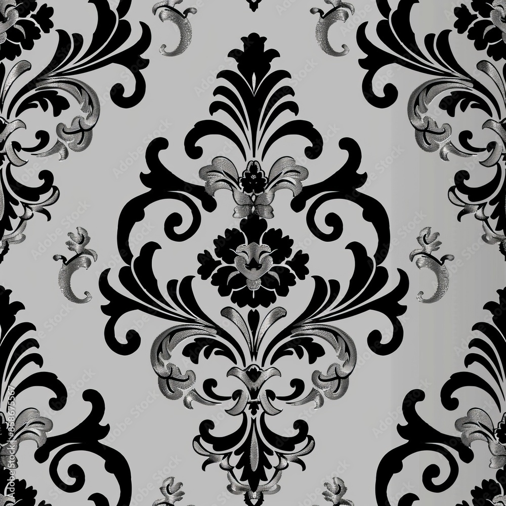 Create a repeating damask pattern with intertwined ribbons and floral accents. Use a two-tone color scheme with silver and black. The pattern should be elegant and timeless, perfect for formal fabric Create a repeating damask pattern with intertwined ribbons and floral accents. Use a two-tone color scheme with silver and black. The pattern should be elegant and timeless, perfect for formal fabric