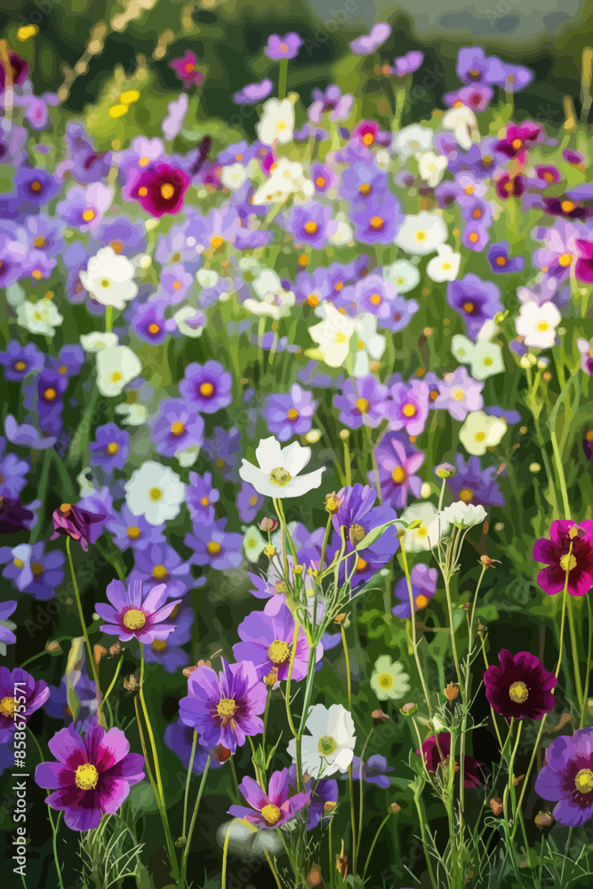 Vibrant Wildflower Field: A Spectrum of Purple, White, and Pink Blossoms Vibrant Wildflower Field: A Spectrum of Purple, White, and Pink Blossoms