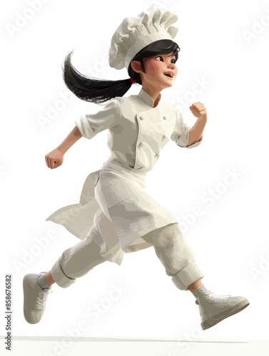 An Animated Chef in Motion, Wearing a White Chef's Hat and Outfit, with Black Hair and a Smile