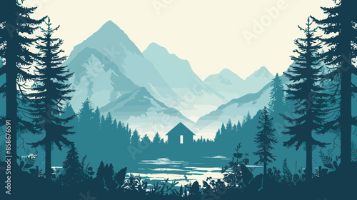 Serene Mountain Lake Scene with Silhouetted Pine Trees and House