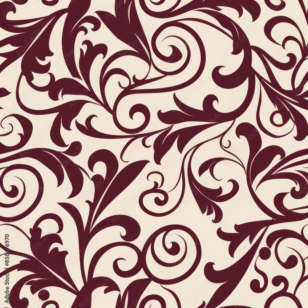 Create a repeating scroll pattern with whimsical swirls and curls. Use a single color such as burgundy to highlight the fluidity of the design. Create a repeating scroll pattern with whimsical swirls and curls. Use a single color such as burgundy to highlight the fluidity of the design.