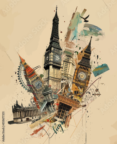 Vintage Poster: A Collage of Iconic London Landmarks with a Splash of Color and a Touch of Surrealism