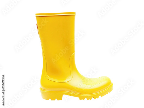 A yellow rain boot with a black logo on the side