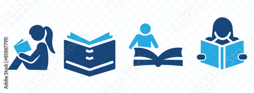 Read book icon set. Person reading book vector illustration