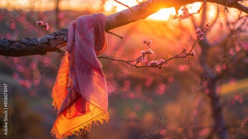 A hazy sunset with a pink and orange pashmina scarf hanging from a tree branch in the foreground creating a serene picture. photo