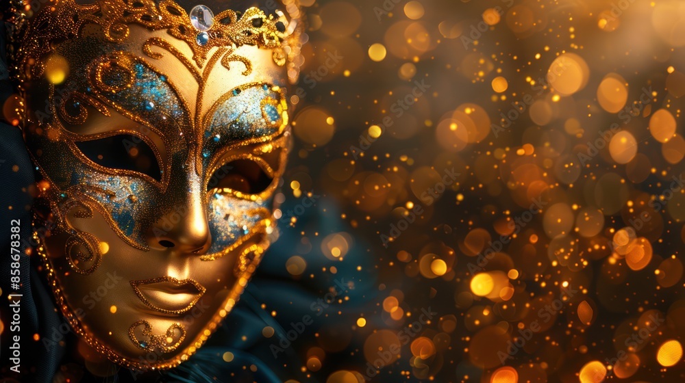 Golden Venetian Mask on Defocused Shiny Background Golden Venetian Mask on Defocused Shiny Background