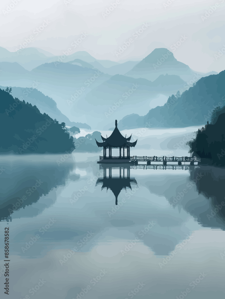 Fototapeta premium Serene Lake with Pagoda and Misty Mountains in the Background