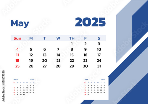 May 2025 Calendar. Week start on Sunday. Desk calendar 2025 design, simple and clean design, Wall calendar for print, digital calendar, Corporate design planner template vector.