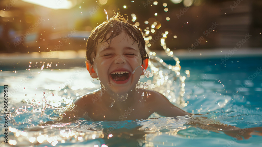 Joyful child splashing and laughing in swimming pool Joyful child splashing and laughing in swimming pool