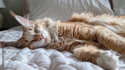 Cream and ginger Maine Coon cat napping on bed photo