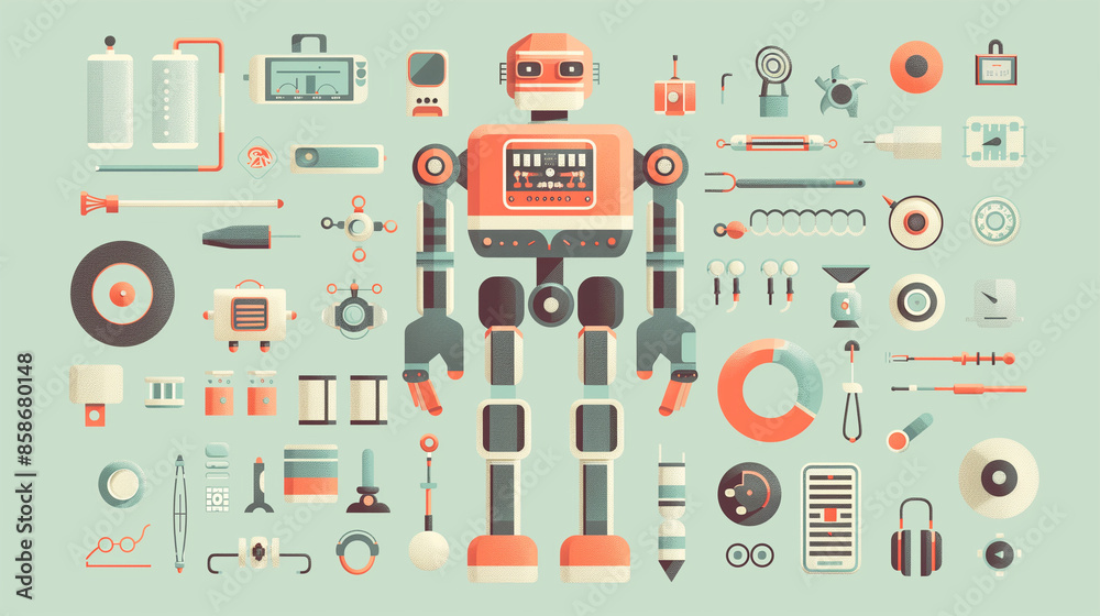 レトロなロボットをインフォグラフィック的に部品と並べて描いた優しい色調のフラットデザインイラスト レトロなロボットをインフォグラフィック的に部品と並べて描いた優しい色調のフラットデザインイラスト