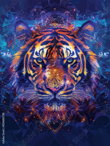 Vibrant Tiger Illustration with Abstract Patterns and Neon Colors