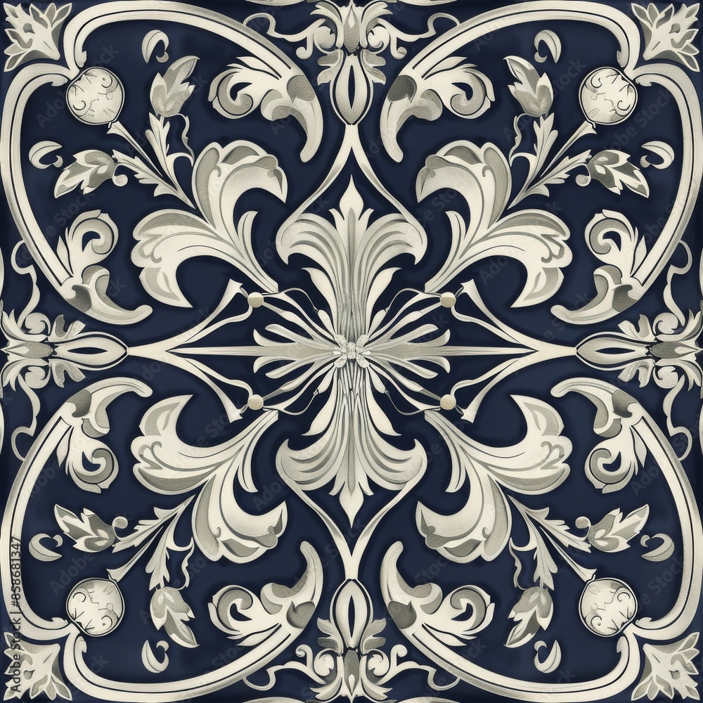 Design a repeating Fleur De Lis pattern with fleur de lis motifs surrounded by delicate floral embellishments. Use a two-color palette with silver and navy blue for a refined and sophisticated look. Design a repeating Fleur De Lis pattern with fleur de lis motifs surrounded by delicate floral embellishments. Use a two-color palette with silver and navy blue for a refined and sophisticated look.