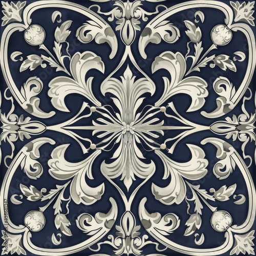 Design a repeating Fleur De Lis pattern with fleur de lis motifs surrounded by delicate floral embellishments. Use a two-color palette with silver and navy blue for a refined and sophisticated look.