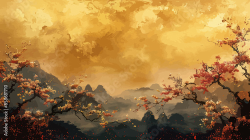 Autumnal Blossoms Amidst a Misty Mountain Landscape