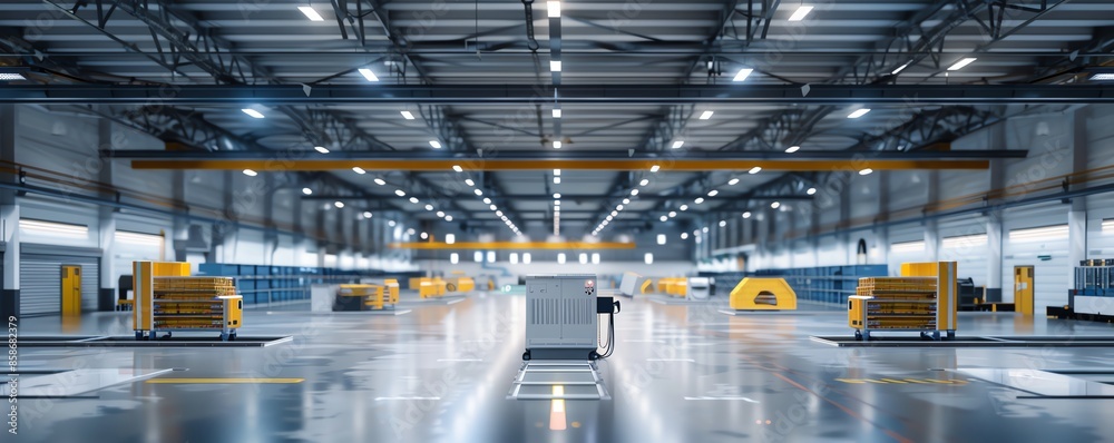 Large empty warehouse with modern equipment and bright lighting, ready for industrial or storage use. Ideal for manufacturing operations. Large empty warehouse with modern equipment and bright lighting, ready for industrial or storage use. Ideal for manufacturing operations.