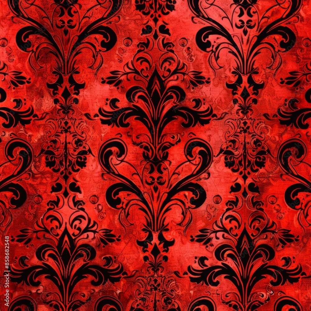 Generate a repeating Fleur De Lis pattern with fleur de lis motifs surrounded by swirling scrollwork. Use a single color like ruby red to evoke a sense of passion and drama.