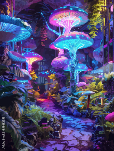 Vibrant Underwater Garden: A Fantasy of Glowing Mushrooms and Lush Plants in a Surreal Aquatic Ecosystem