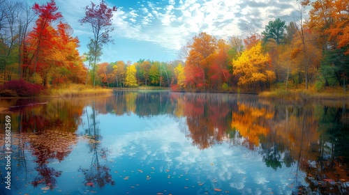 A high-resolution image of a tranquil lake surrounded by autumn foliage, with colorful trees reflecting on the water. © PZ Studio