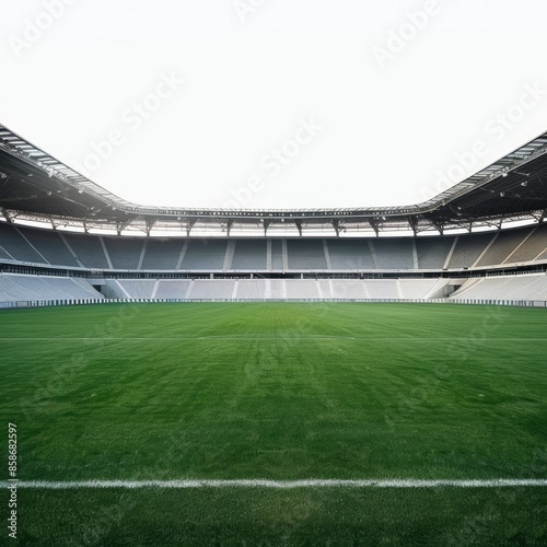 Empty Soccer Stadium on the Pitch - Crisp White Background: High-Definition Image of a Deserted Sports Arena, Ideal for Design and Promotional Use