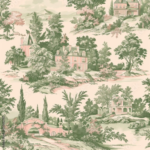 Create a repeating Toile de Jouy pattern featuring romanticized landscapes with country cottages and gardens. Use a two-color palette with soft pink and green for a nostalgic and charming look.
