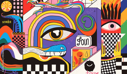 Vibrant Mural: A Colorful Display of Abstract Art with Eye, Snake, and Checkerboard Patterns