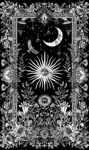 Black and White Floral and Astronomical Pattern with Sun, Moon, and Stars