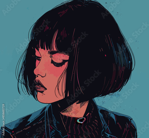 Stylized Portrait of a Woman with Short Hair and a Dark Jacket, Set against a Solid Blue Background