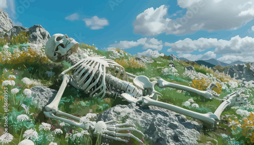 Skeletal Figure Resting on a Rocky Landscape with Flowering Plants and a Cloudy Sky