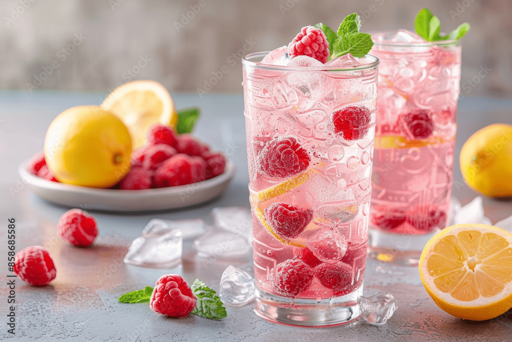 Refreshing Raspberry Lemonade with Ice in Tall Glasses for Summer or Spring Refreshing Raspberry Lemonade with Ice in Tall Glasses for Summer or Spring