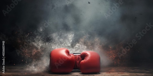boxing background with red boxing gloves on a wooden floor photo