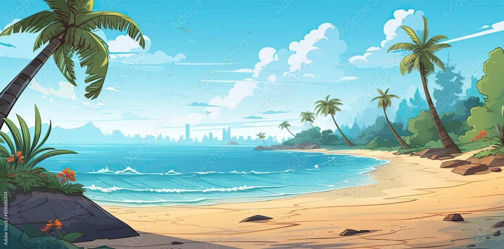 cartoon beach background with palm trees, blue sky, and white clouds ...