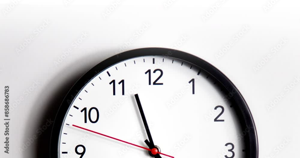 Cinematic High-angle Close-up Shot of White Office Wall Clock with Red Second Hand that Counting Down the Seconds to Two. Concept: Anticipation, Deadline, Tension and Passage of time. Real Time Clock Cinematic High-angle Close-up Shot of White Office Wall Clock with Red Second Hand that Counting Down the Seconds to Two. Concept: Anticipation, Deadline, Tension and Passage of time. Real Time Clock