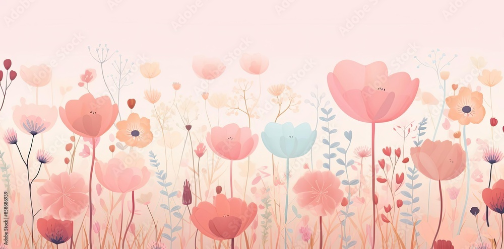 cute floral background with a variety of pink, blue, and red flowers, including hearts and balloons, set against a pink wall cute floral background with a variety of pink, blue, and red flowers, including hearts and balloons, set against a pink wall