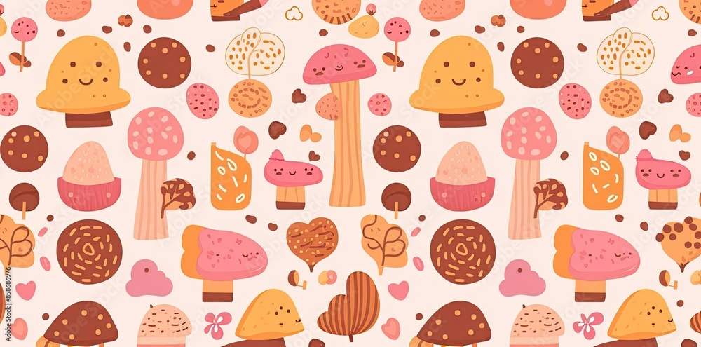 cute pattern background with mushrooms and hearts on a pink background cute pattern background with mushrooms and hearts on a pink background