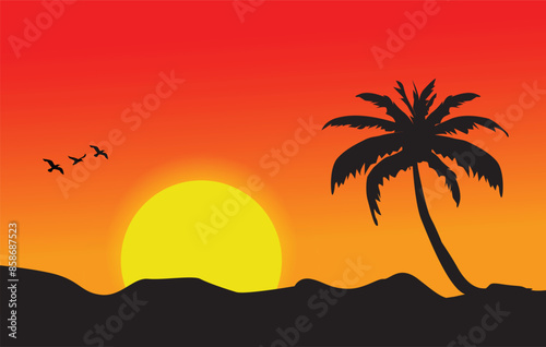The sun sets and you can see the silhouette of a coconut tree