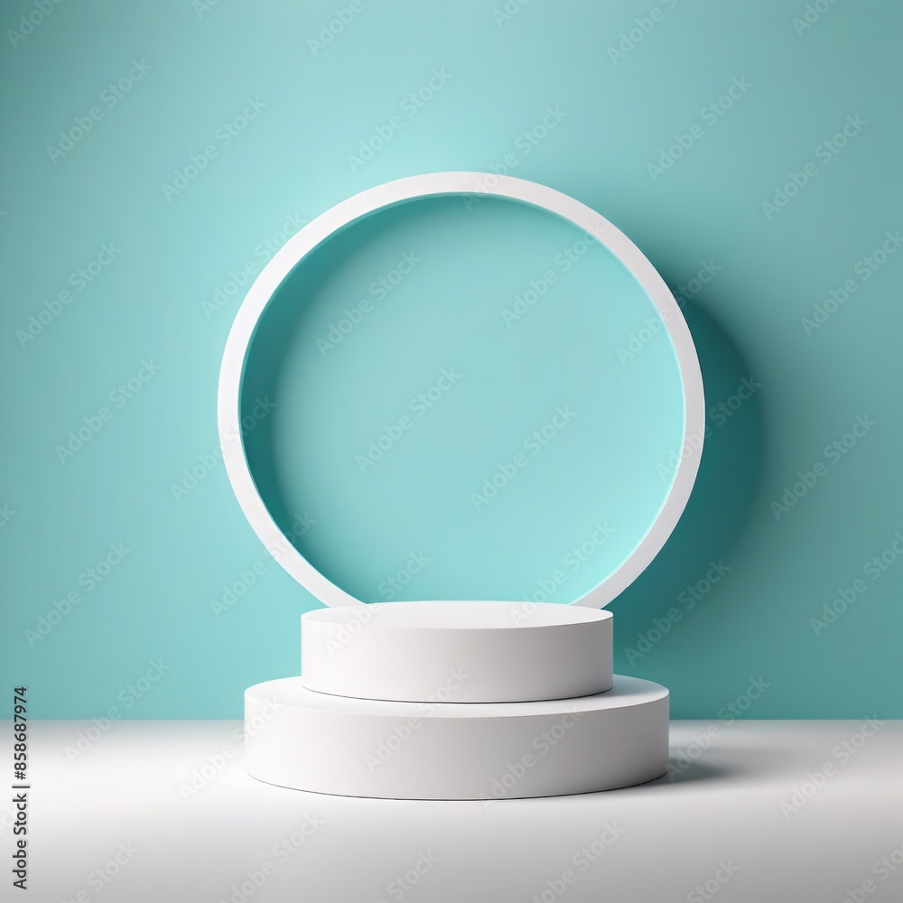 Blue cylindrical base podium. Embossed ring shape on pastel color background. Cosmetic product display presentation. Minimal wall scene. Blue cylindrical base podium. Embossed ring shape on pastel color background. Cosmetic product display presentation. Minimal wall scene.