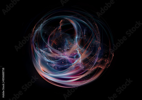3D Rendered Holographic Iridescent Sphere with Abstract Gradient and Swirling Lines on Black Background