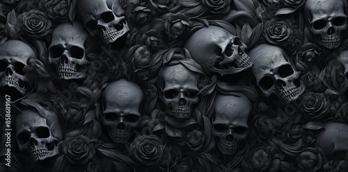 goth backgrounds wallpaper featuring a variety of skulls, including a large white skull, a black skull, and several smaller skulls, arranged in a row from left to right