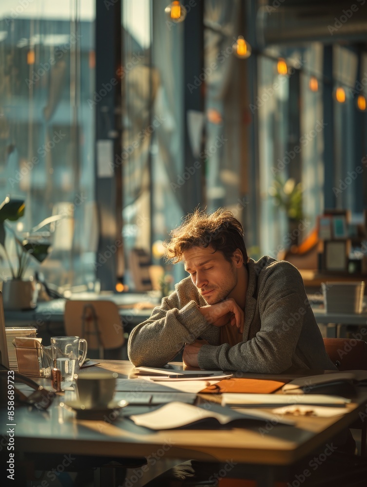 A person sitting at a desk sleepy and frustrated at work. A person sitting at a desk sleepy and frustrated at work.
