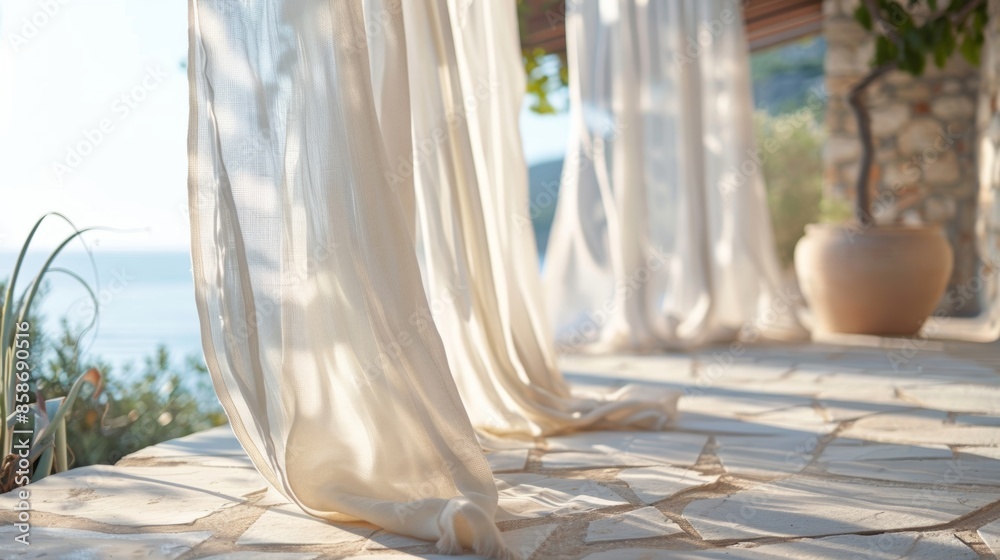 Light and airy curtains gently swaying in the wind on a sunsoaked stone terrace. Light and airy curtains gently swaying in the wind on a sunsoaked stone terrace.