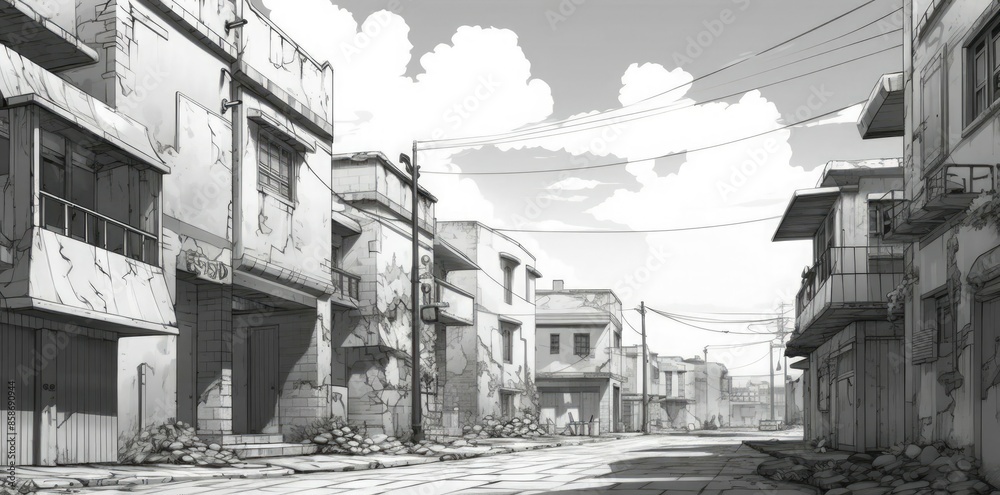 Fototapeta premium manga background of a street lined with white buildings under a cloudy sky, with a glass window in the foreground