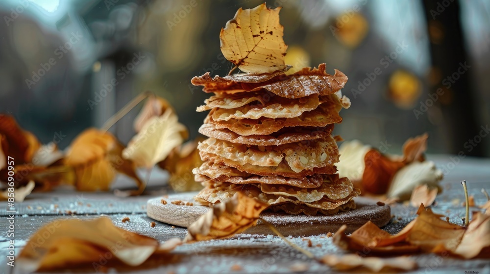 Fototapeta premium Leaves dried close to tower of pastries