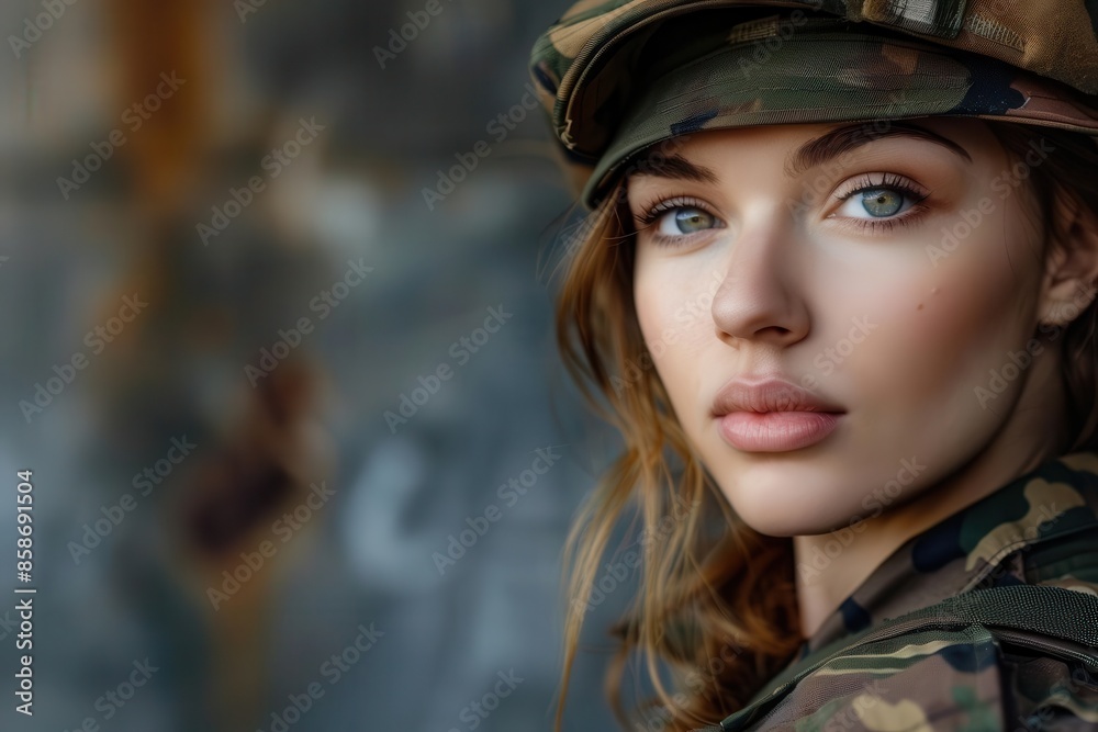 courageous female soldier gazing ahead with determination wearing camouflage uniform and beret patriotic background courageous female soldier gazing ahead with determination wearing camouflage uniform and beret patriotic background