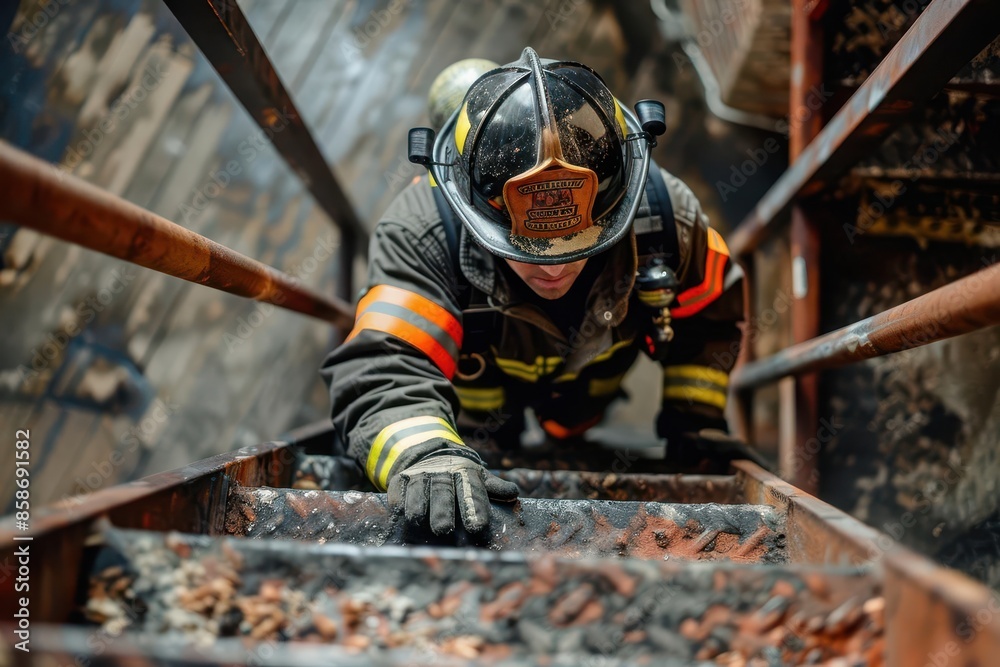 courageous firefighter descending stairs focused and determined during intense rescue mission action photography courageous firefighter descending stairs focused and determined during intense rescue mission action photography